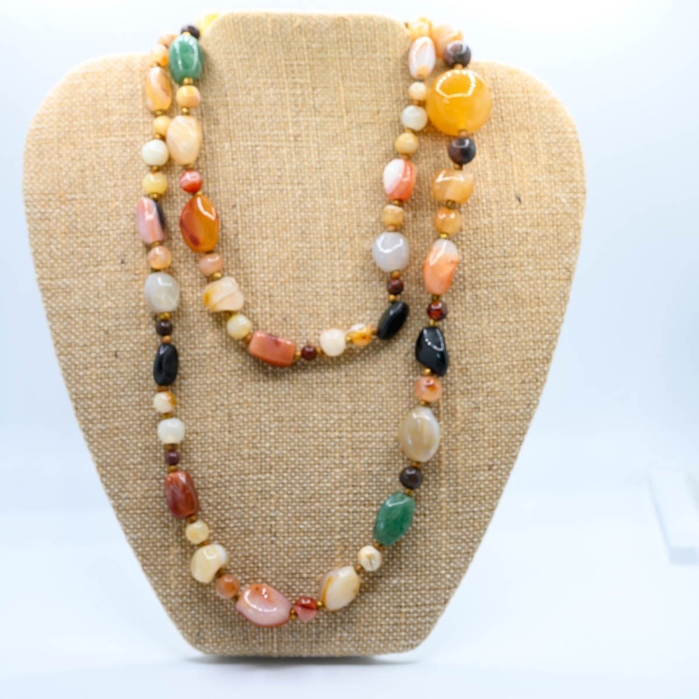 Beaded Necklace 34" Multicolor Natural Stone Agate Jasper Boho Beggars beads